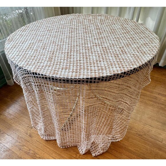 Vintage 70s curtain, long cream & tan, open weave mesh, boho single panel - Picture 5 of 7